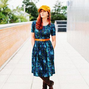 Peacock Print Box Pleated Skirt Pocket Dress!